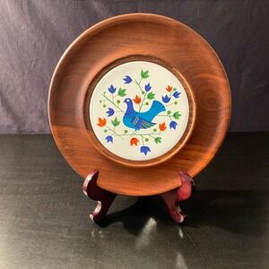 Vintage Wood‎ Round Trivet Cheese Board Ceramic Tile Blue Bird Folk Art Display